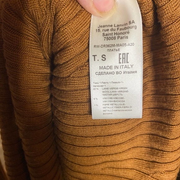 LANVIN Sweater Dress Midi Brown Ribbed Knit Wool Metallic Crewneck Long Sleeve - Picture 6 of 6